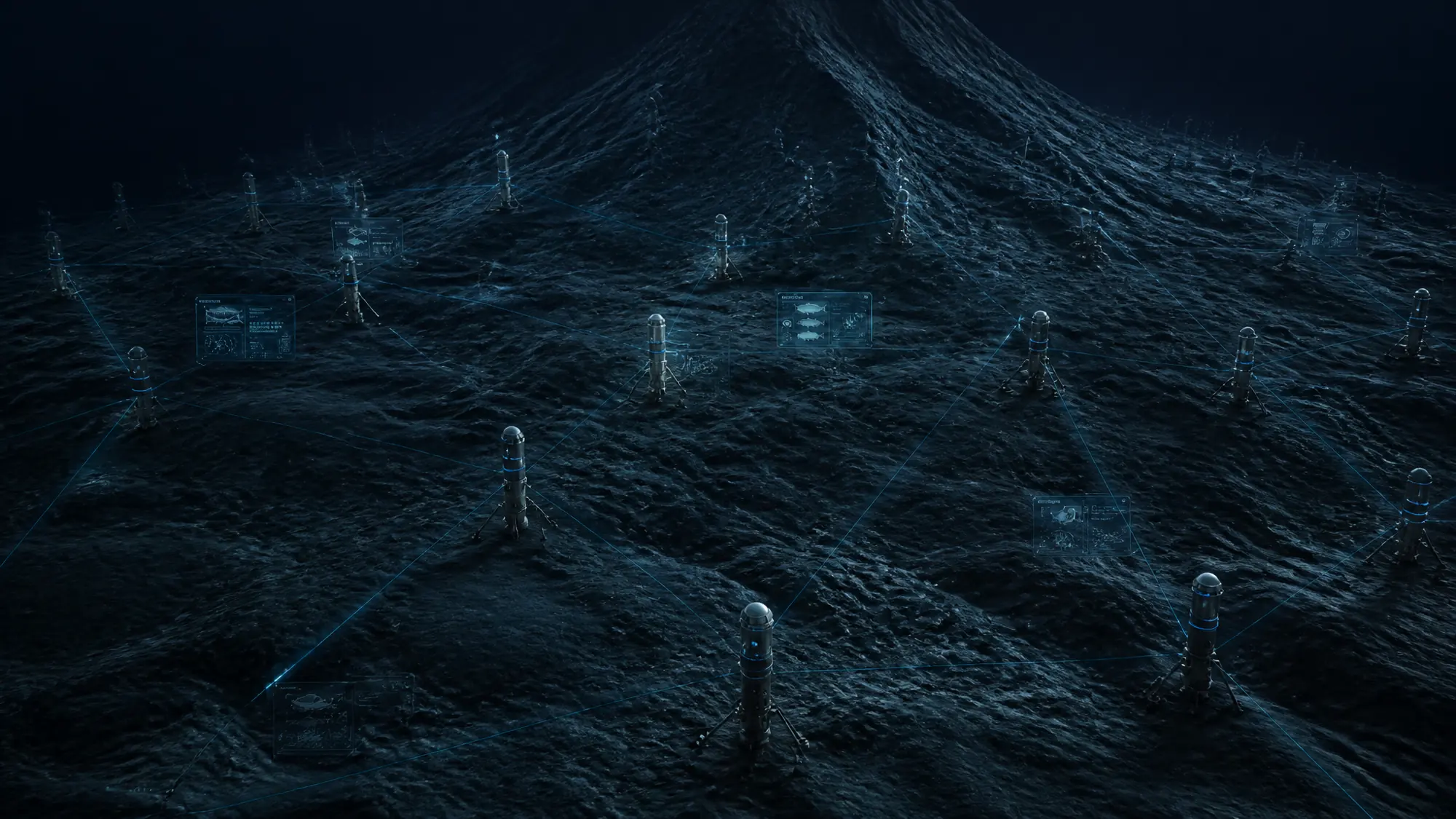 A network of underwater nodes distributed across deep seafloor terrain